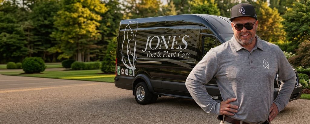 A man in sunglasses and a cap stands smiling with his hand on his hip in front of a black van labeled “Jones Tree & Plant Care,” parked on a driveway with trees and greenery in the background.
