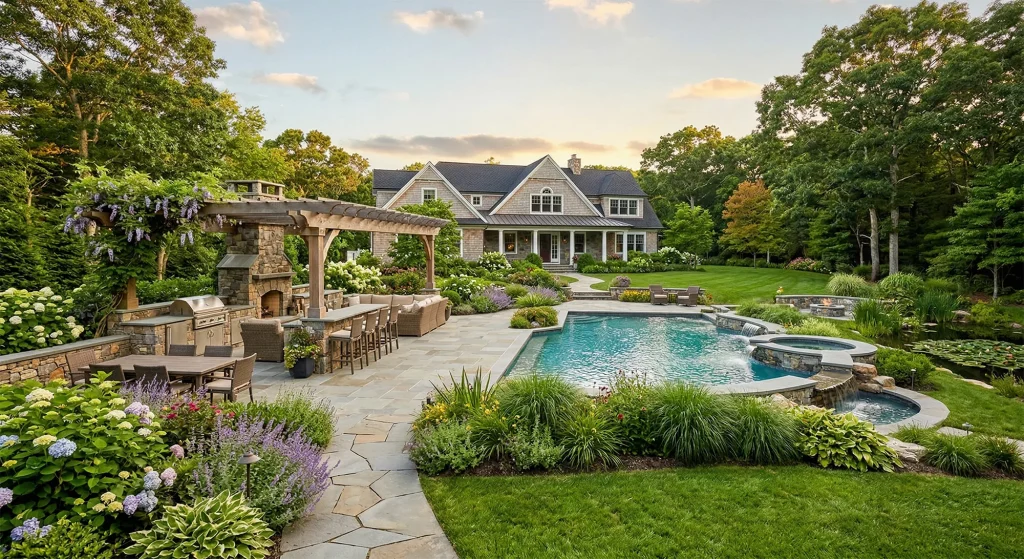 Beautiful backyard with a stone patio, outdoor kitchen, dining area, fireplace, swimming pool, hot tub, lush landscaping, blooming flowers, and a large house in the background surrounded by green trees at sunset.