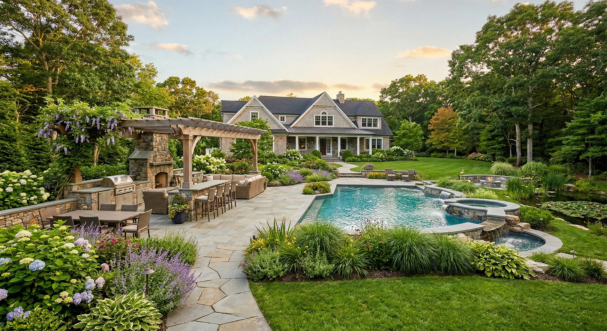 Beautiful backyard with a stone patio, outdoor kitchen, dining area, fireplace, swimming pool, hot tub, lush landscaping, blooming flowers, and a large house in the background surrounded by green trees at sunset.